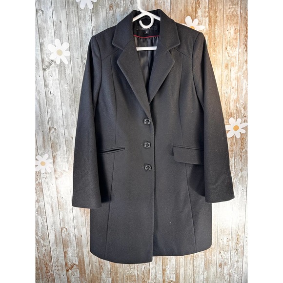 DKNY Womens Trench Coat 10 Black Notched Lapel Fully‎ Lined Button Front Pockets - Picture 1 of 10